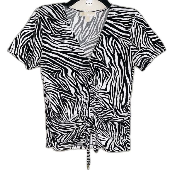 Michael Kors Y2K Top Size S Short Sleeve V Neck Zebra Print String Black White - Picture 13 of 13